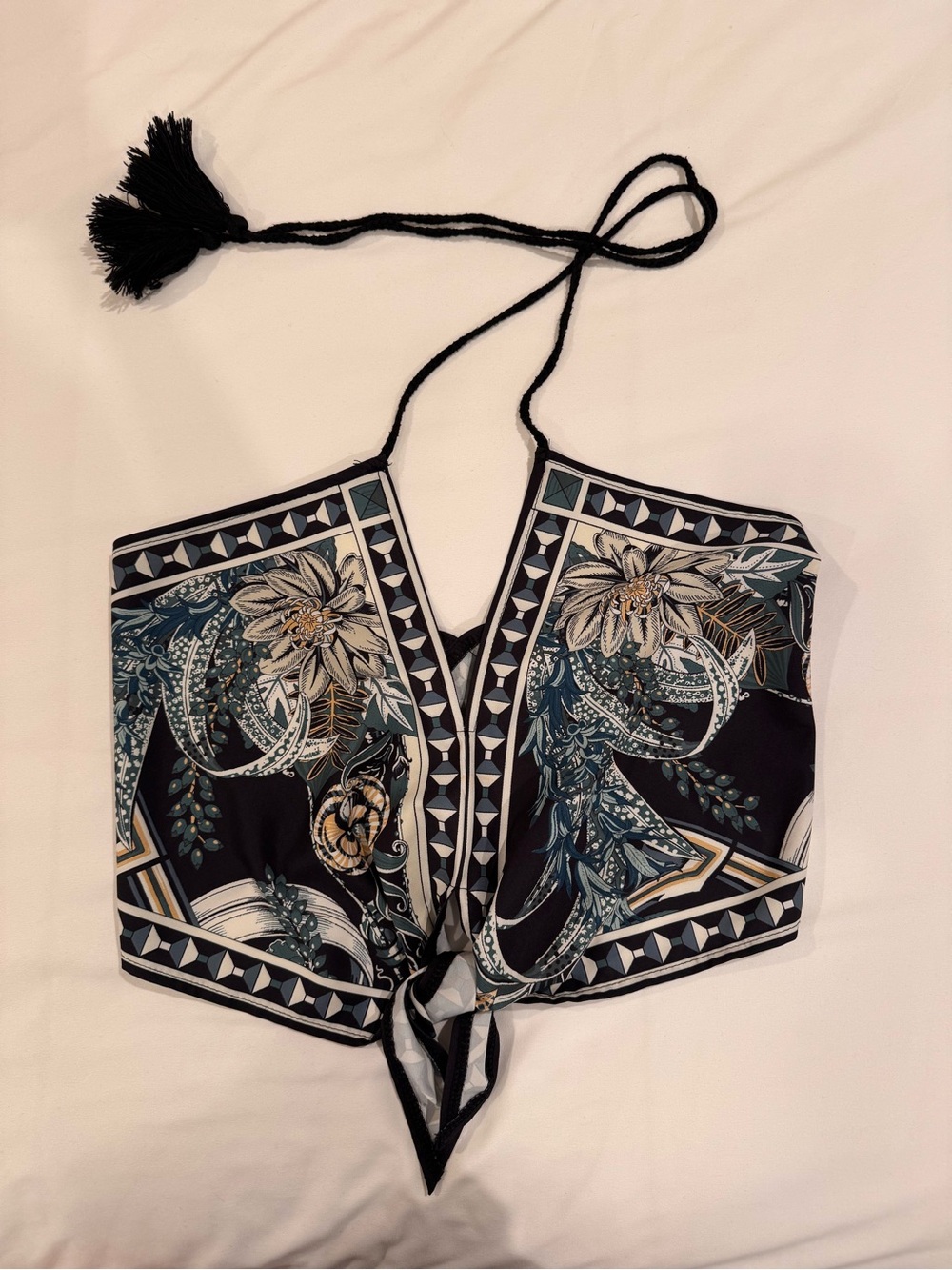 Tie-Front Halter Crop Top in Black Floral Print